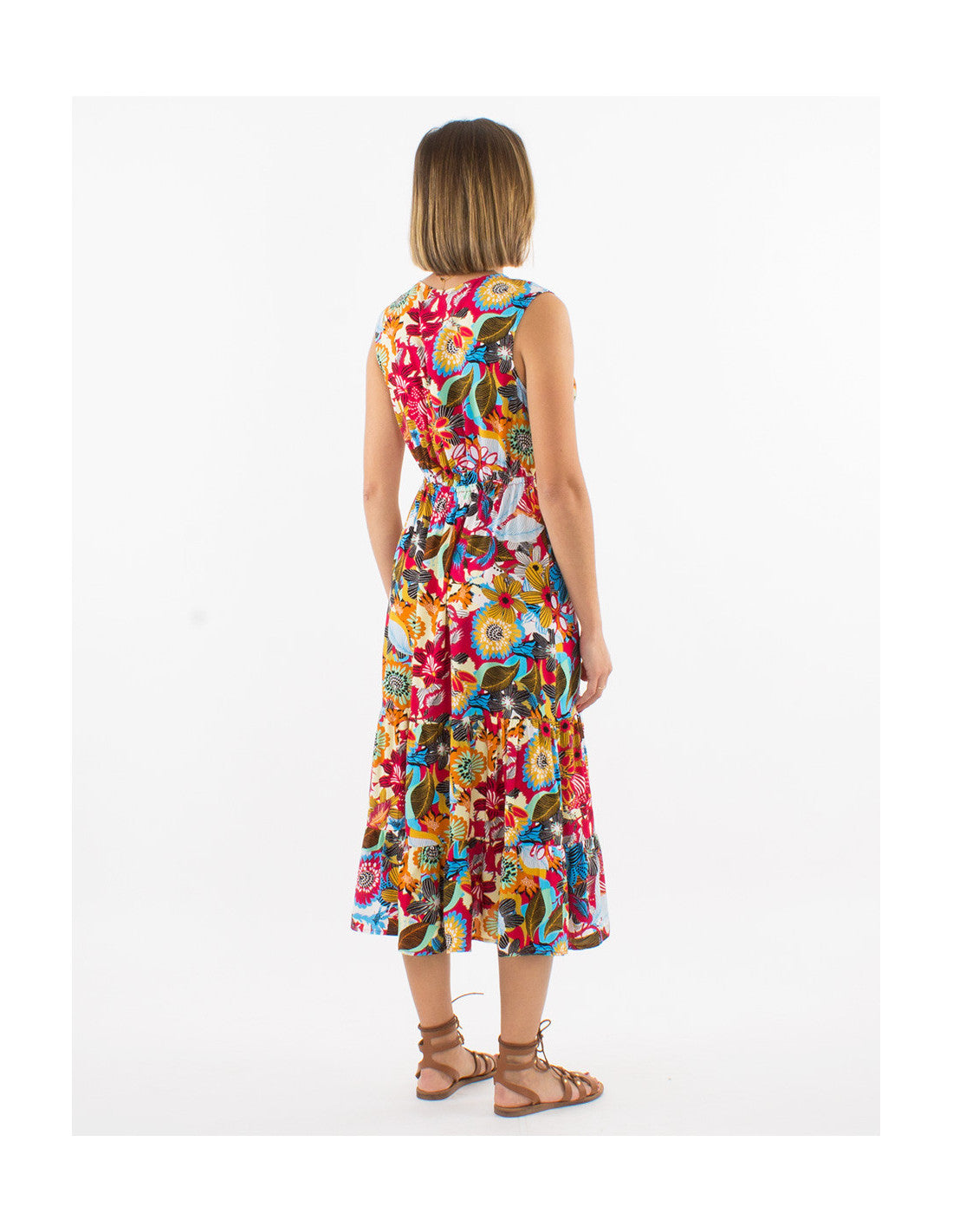 Robe midi boho motifs fleurs colorées