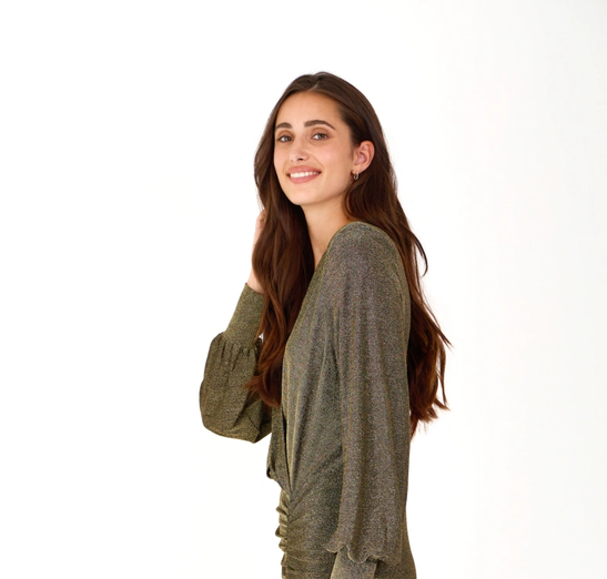 Robe Portefeuille Drapée Brillante (45% Soie) – Doré Lumineux