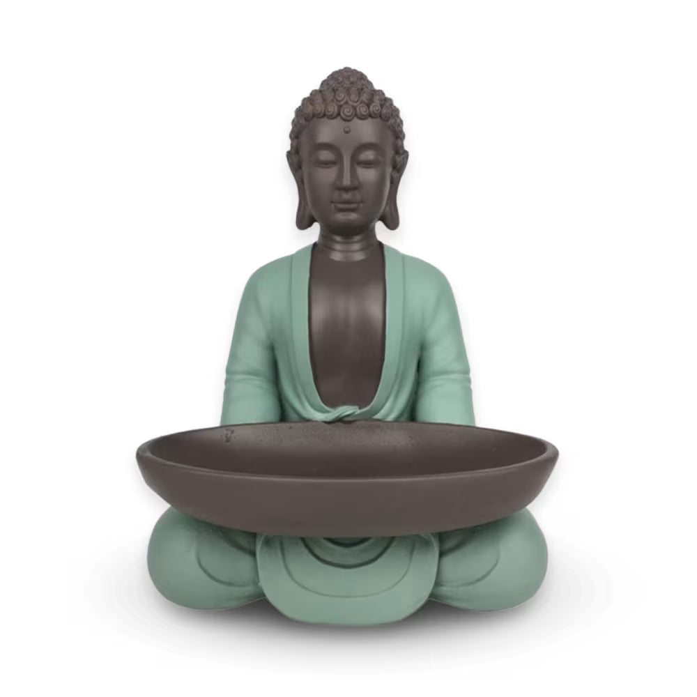 Bouddha - Statue déco Bodhi avec Plat vide poche en résine vert et marron - H18