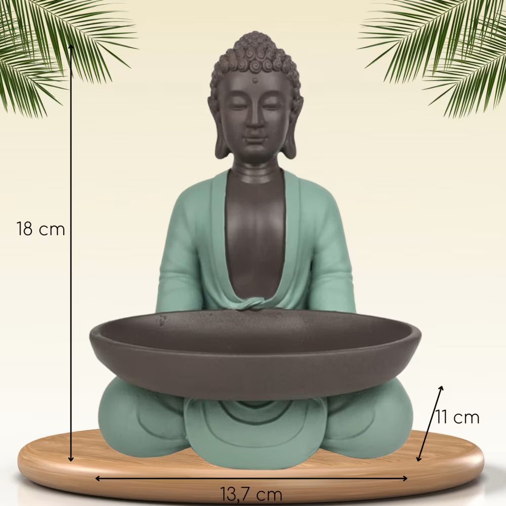 Bouddha - Statue déco Bodhi avec Plat vide poche en résine vert et marron - H18