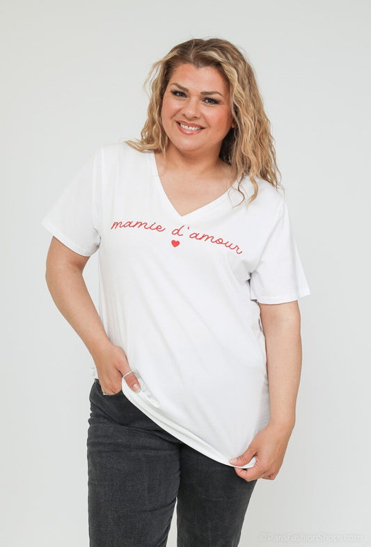 T-shirt Blanc Col V Brodé « Mamie d'amour » – Coton Fluide - Le monde de MI
