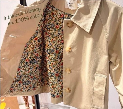 Veste Trench Courte Beige Doublure Fleurie Liberty « MILA »